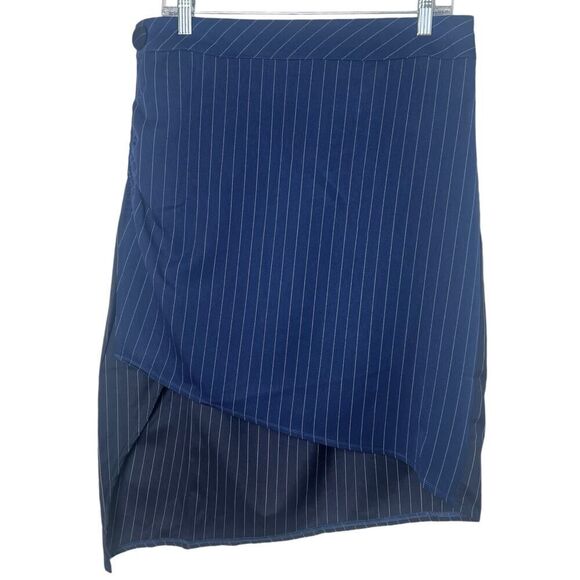 NWT Soncy Faux Wrap High-Low Navy Pinstripe Skirt Asymmetrical Hem - Picture 1 of 9